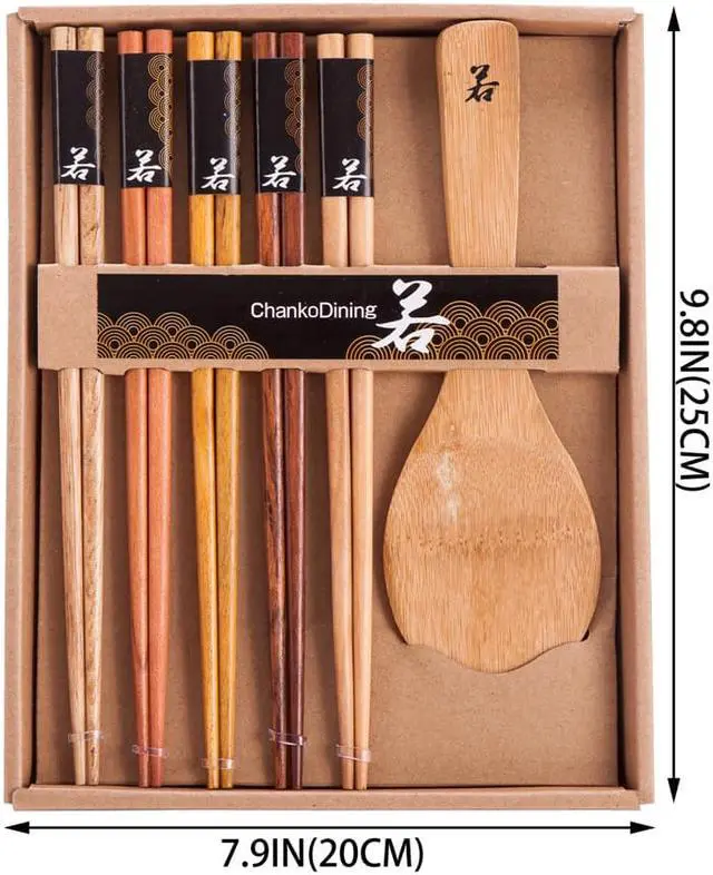 Alt view image 4 of 4 - 5 Pairs Natural Wood Chopsticks and 1 Moso Bamboo Rice Paddle Gift Set
