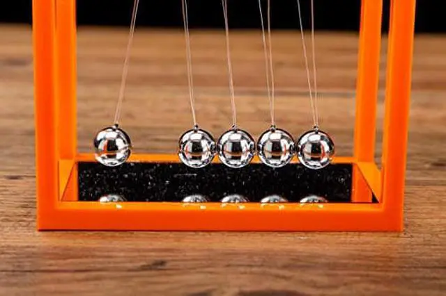 Alt view image 2 of 3 - Newtons Cradle Balance Balls, 5 Pendulum Balls, with Mirror Desk Top Decoration Kinetic Motion Toy for Home and Office, Physics Toys for Teachers (Orange)