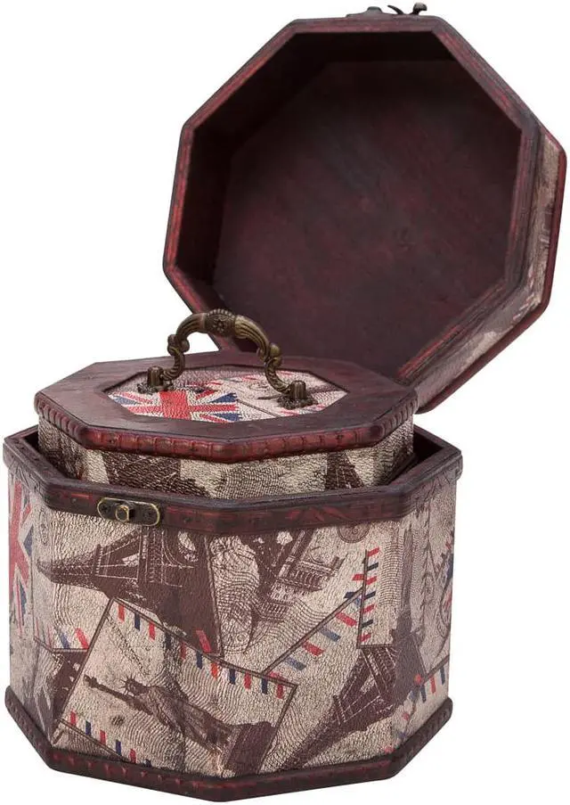 Alt view image 2 of 4 - THY COLLECTIBLES Vintage Style World Sceneries Pattern Wooden Octagon Jewelry Treasure Box Storage Organizer Trinket Keepsake Chest Set of 2
