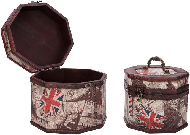 Main image of THY COLLECTIBLES Vintage Style World Sceneries Pattern Wooden Octagon Jewelry Treasure Box Storage Organizer Trinket Keepsake Chest Set of 2