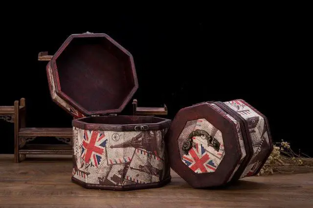 Alt view image 4 of 4 - THY COLLECTIBLES Vintage Style World Sceneries Pattern Wooden Octagon Jewelry Treasure Box Storage Organizer Trinket Keepsake Chest Set of 2