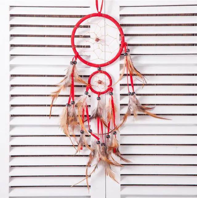 Alt view image 3 of 3 - THY COLLECTIBLES 18" Traditional Red Dream Catcher with Feathers Wall or Car Hanging Ornament 2 Circles