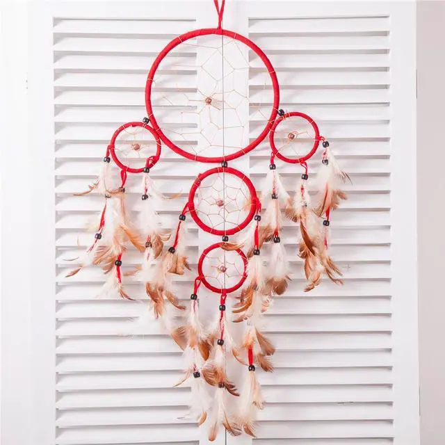 Alt view image 3 of 3 - THY COLLECTIBLES 22" Traditional Red Dream Catcher with Feathers Wall or Car Hanging Ornament 5 Circles