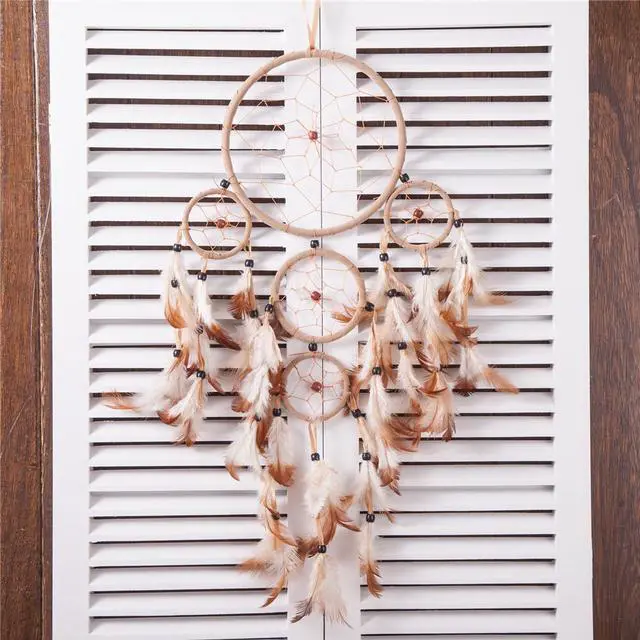 Alt view image 3 of 3 - THY COLLECTIBLES 22" Traditional Beige Dream Catcher with Feathers Wall or Car Hanging Ornament 5 Circles
