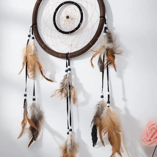 Alt view image 2 of 2 - THY COLLECTIBLES 21" Traditional Brown Dream Catcher with Feathers Wall or Car Hanging Ornament Double Circles