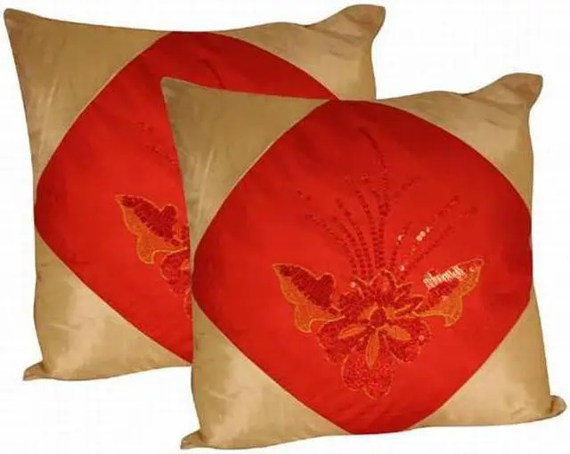 Main image of Set of 2 Oriental Silk Cushion Covers (RED)