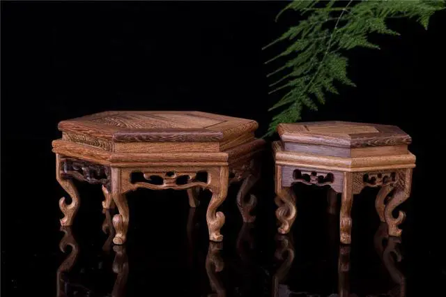 Alt view image 4 of 4 - THY COLLECTIBLES Beautiful Hand Craft Hexagon Rosewood Oriental Fishbowl Vase Stand 4.5"