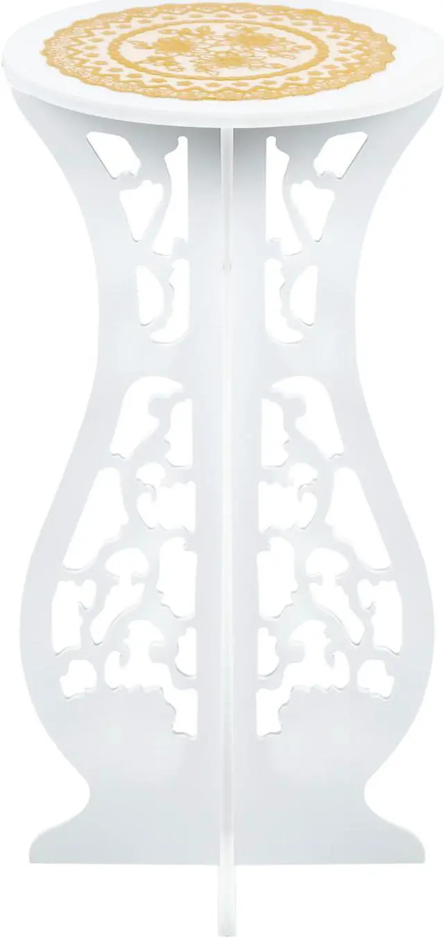 Main image of Beautiful White PVC Board Flower Plant and Vase Stand Display with Intricate Carvings and Gold Ornate Floral Nonslip Mat, Waterproof for Indoor and Outdoor Use (16.5" H x 10" W)