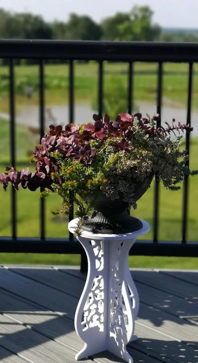 Alt view image 3 of 4 - Beautiful White PVC Board Flower Plant and Vase Stand Display with Intricate Carvings and Gold Ornate Floral Nonslip Mat, Waterproof for Indoor and Outdoor Use (16.5" H x 10" W)