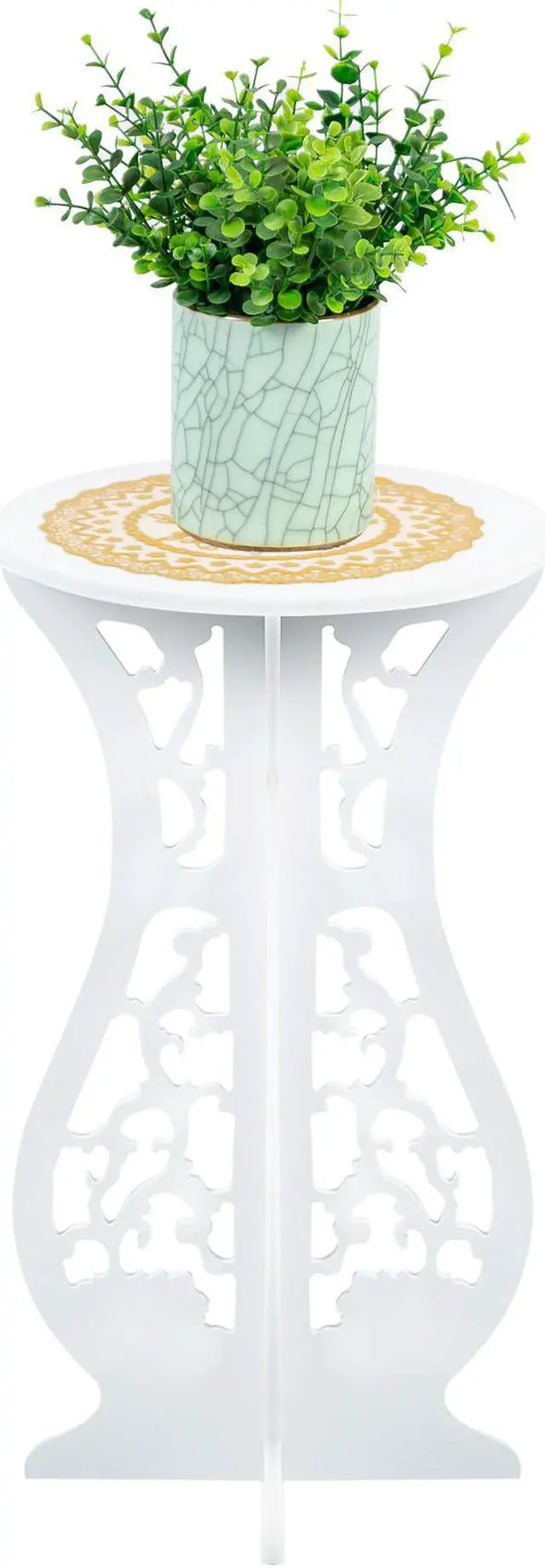 Alt view image 2 of 4 - Beautiful White PVC Board Flower Plant and Vase Stand Display with Intricate Carvings and Gold Ornate Floral Nonslip Mat, Waterproof for Indoor and Outdoor Use (16.5" H x 10" W)