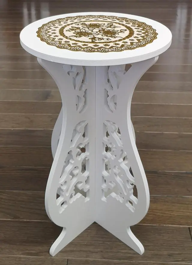 Alt view image 4 of 4 - Beautiful White PVC Board Flower Plant and Vase Stand Display with Intricate Carvings and Gold Ornate Floral Nonslip Mat, Waterproof for Indoor and Outdoor Use (16.5" H x 10" W)