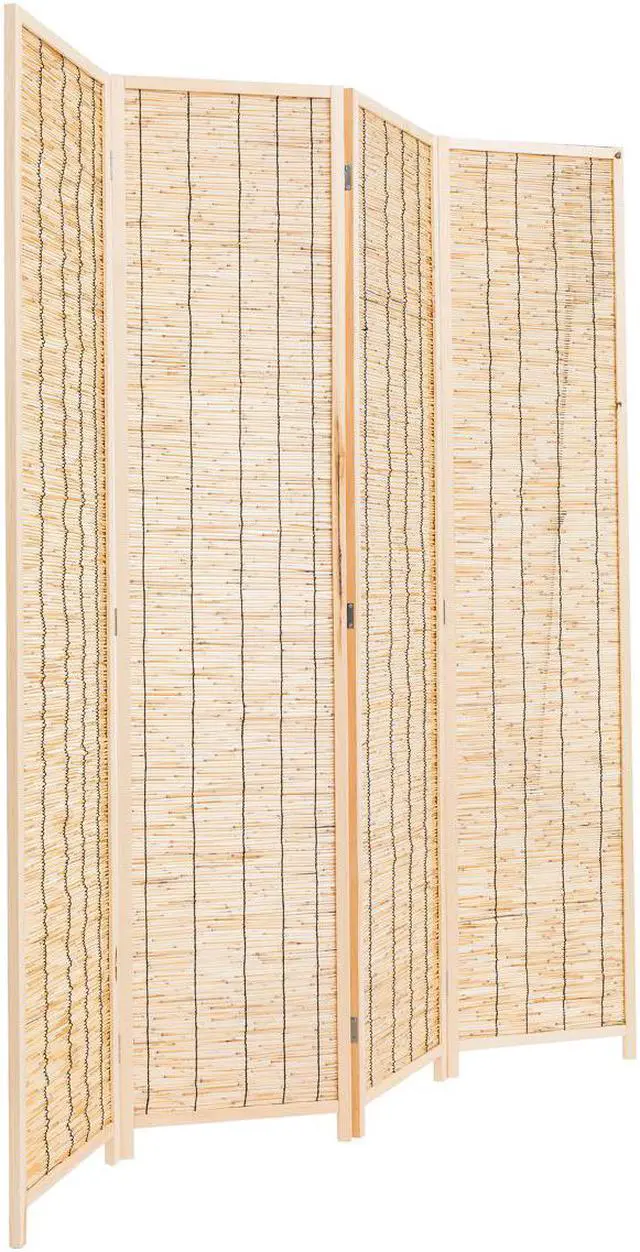 Alt view image 2 of 4 - Decorative Freestanding Wood Frame Reed Woven 4 Panels Hinged Semi Privacy Panel Screen Portable Folding Room Divider (Natural Color)