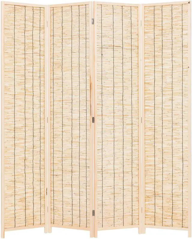 Main image of Decorative Freestanding Wood Frame Reed Woven 4 Panels Hinged Semi Privacy Panel Screen Portable Folding Room Divider (Natural Color)