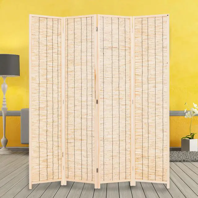 Alt view image 4 of 4 - Decorative Freestanding Wood Frame Reed Woven 4 Panels Hinged Semi Privacy Panel Screen Portable Folding Room Divider (Natural Color)