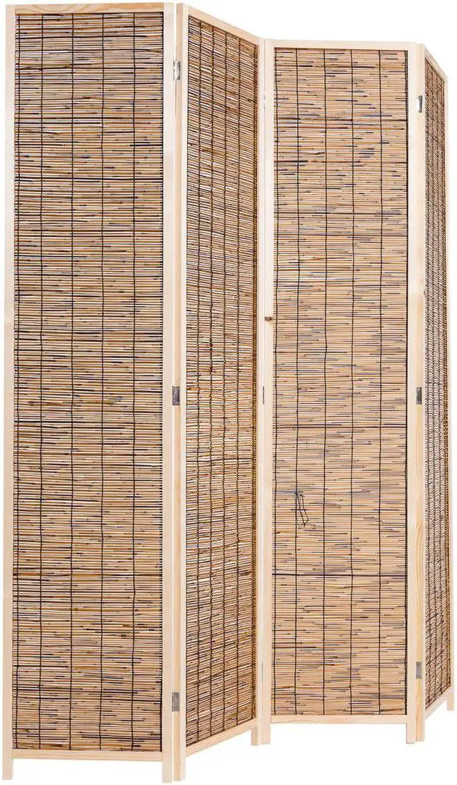 Alt view image 2 of 3 - Decorative Freestanding Wood Frame Reed Woven 4 Panels Hinged Semi Privacy Panel Screen Portable Folding Room Divider (Carbonized Color)