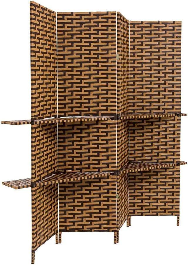 Alt view image 2 of 4 - Freestanding Woven Bamboo 4 Panels Hinged Privacy Panel Screen Partition Wall with 2 Display Shelves Holding Room Divider with Shelves-Bamboo (Coffee Brown)