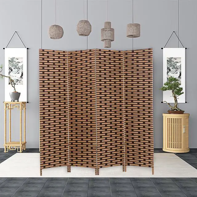 Alt view image 4 of 4 - Decorative Freestanding Woven Bamboo 4 Panels Hinged Privacy Panel Screen Portable Folding Room Divider (Chocolate)