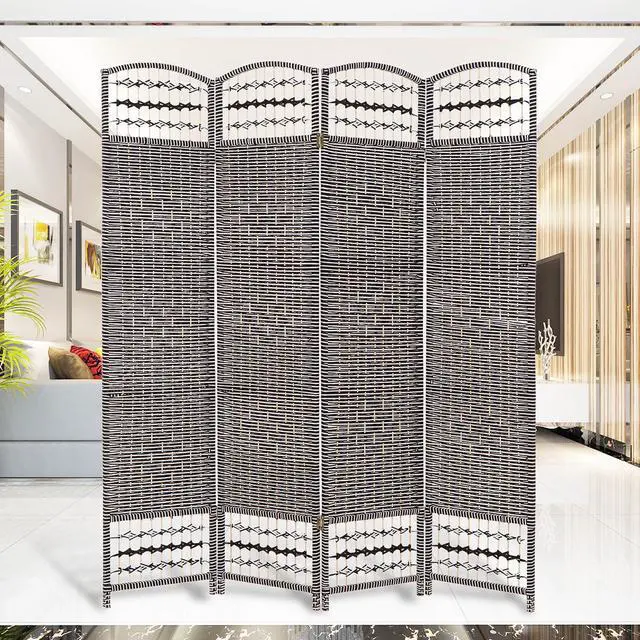 Alt view image 4 of 4 - Decorative Freestanding Woven Bamboo 4 Panels Hinged Privacy Panel Screen Portable Folding Room Divider 62" W X 68" H (Grey)
