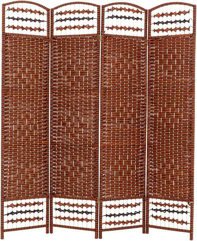 Main image of Decorative Freestanding Woven Bamboo 4 Panels Hinged Privacy Panel Screen Portable Folding Room Divider 62" W X 68" H (Red Orange)