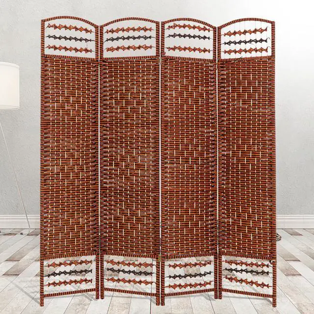 Alt view image 3 of 4 - Decorative Freestanding Woven Bamboo 4 Panels Hinged Privacy Panel Screen Portable Folding Room Divider 62" W X 68" H (Red Orange)