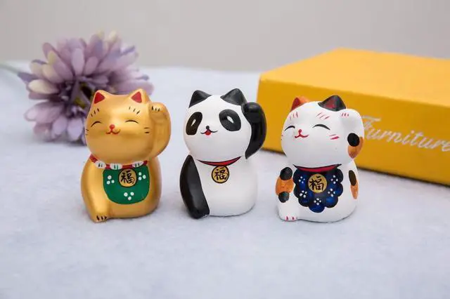 Alt view image 2 of 2 - THY COLLECTIBLES Hand Painted Black & White Feng Shui Mini Maneki Neko Lucky Panda Cat Fu (Fortune)