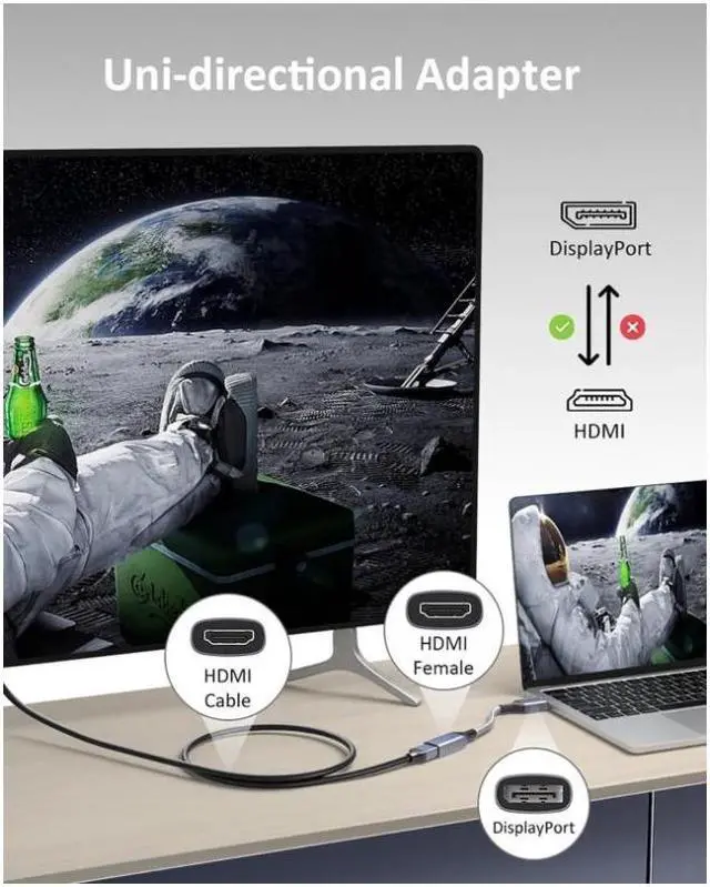 Alt view image 2 of 7 - 8K Display Port 1.4 to HDMI 2.1 Adapter 4K@120Hz 8K@60Hz Unidirectional DP to HDMI Converter Male DisplayPort to Female HDMI for PC Laptop Monitor TV