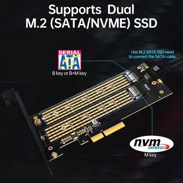 Alt view image 2 of 6 - Dual M.2 PCIE Adapter for SATA or PCIE NVMe SSD with Advanced Heat Sink Solution,M.2 SSD NVME (m Key) and SATA (b Key) 22110 2280 2260 2242 2230 to PCI-e x 4 Host Controller Expansion Card