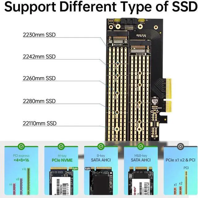 Alt view image 3 of 6 - Dual M.2 PCIE Adapter for SATA or PCIE NVMe SSD with Advanced Heat Sink Solution,M.2 SSD NVME (m Key) and SATA (b Key) 22110 2280 2260 2242 2230 to PCI-e x 4 Host Controller Expansion Card