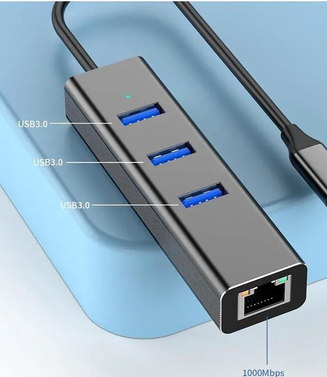 Alt view image 2 of 5 - Aluminum 3-Port USB 3.0 Hub with RJ45 10/100/1000 Gigabit Ethernet Adapter Converter LAN Wired USB Network Adapter for Ultrabooks Notebooks Tablets and More