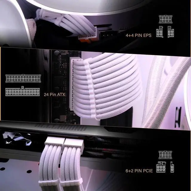 Alt view image 3 of 7 - Tech Cabin PSU Extension Cable Sleeved Custom Mod PC Power Supply Cable, Soft Nylon Braided with Comb Kit 1x24PIN/2x8PIN to 6+2Pin/ 1x8PIN to 4+4PIN-30CM 300MM - All White Edition
