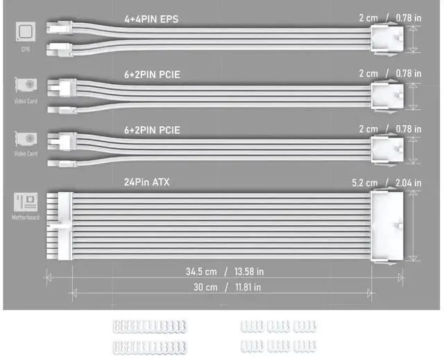 Alt view image 2 of 7 - Tech Cabin PSU Extension Cable Sleeved Custom Mod PC Power Supply Cable, Soft Nylon Braided with Comb Kit 1x24PIN/2x8PIN to 6+2Pin/ 1x8PIN to 4+4PIN-30CM 300MM - All White Edition
