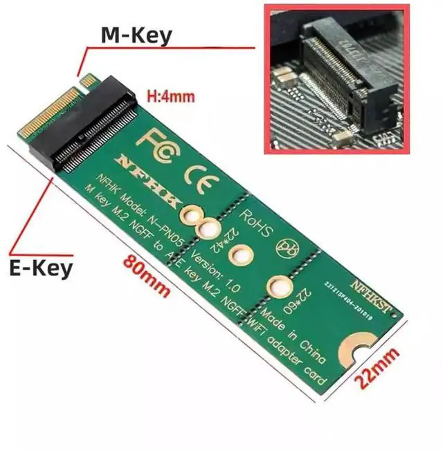 Alt view image 6 of 7 - M.2 NGFF PCIe A+E/EKey to M.2 NVMe MKey Adapter Card, SSD Slot to Wireless WiFi/Bluetooth Interface Converter