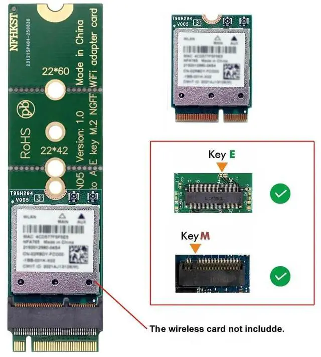 Alt view image 4 of 7 - M.2 NGFF PCIe A+E/EKey to M.2 NVMe MKey Adapter Card, SSD Slot to Wireless WiFi/Bluetooth Interface Converter