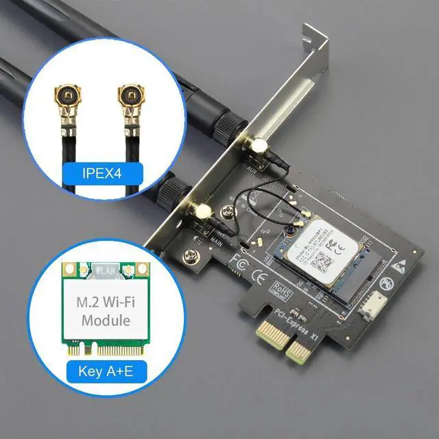 Alt view image 2 of 7 - WA01 M.2 EKey to PCIe X1 WiFi Bluetooth Adapter, Compatible with M.2 WiFi 4/5/6/6E/7 & Coral TPU Module, Includes 6dBi SMA Antenna Kits
