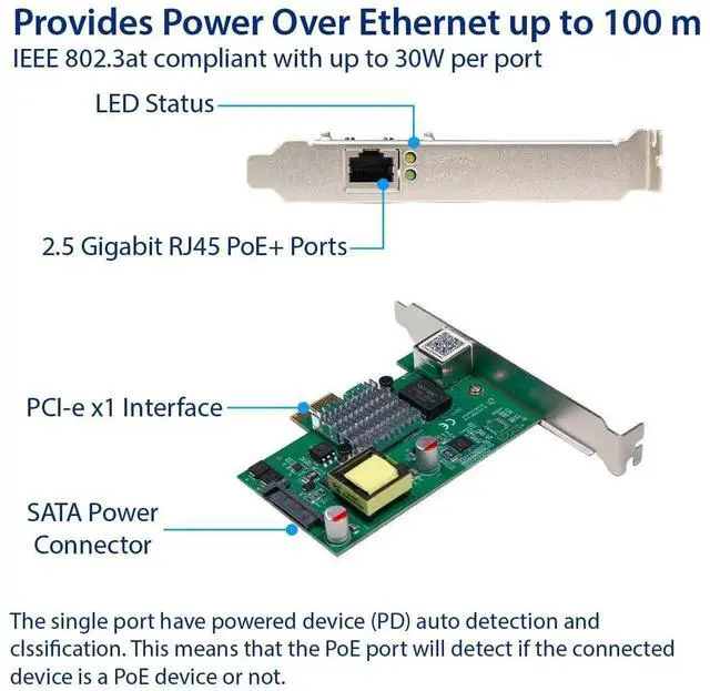 Alt view image 2 of 4 - 2.5 Gigabit POE+ PCIe x1 Ethernet Network Card, 2500Mbps POE Plus PoweroverEthernet LAN Adapter