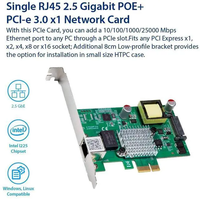 Alt view image 3 of 4 - 2.5 Gigabit POE+ PCIe x1 Ethernet Network Card, 2500Mbps POE Plus PoweroverEthernet LAN Adapter