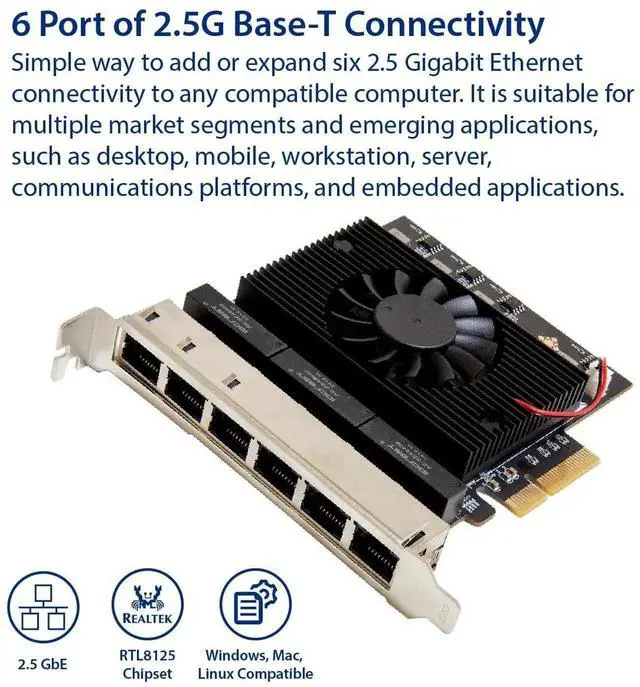 Alt view image 3 of 5 - 6Port 2.5 Gigabit PCIe x4 Ethernet Network Card, 2500Mbps MultiPort LAN Adapter for Router, NAS & Server