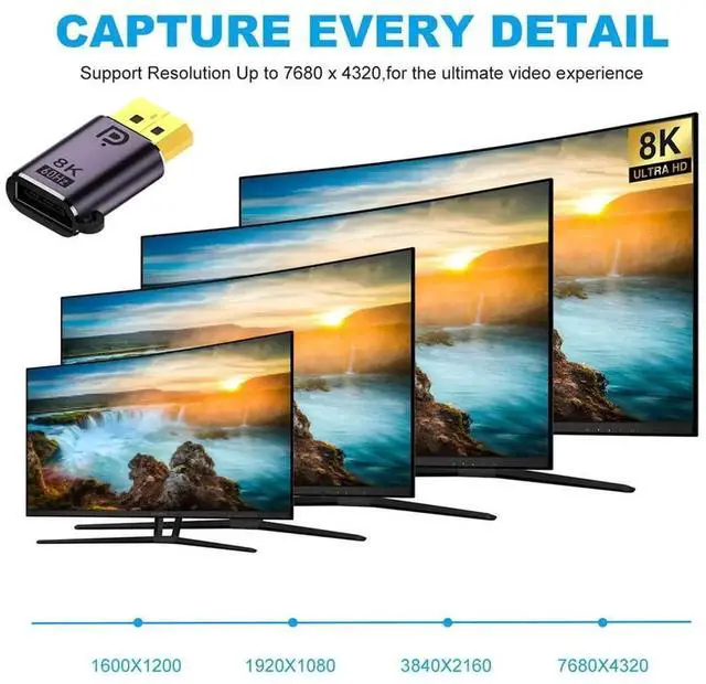 Alt view image 5 of 7 - DisplayPort 1.4 Male to Female Adapter, 8K@60Hz UHD / 4K@144Hz UltraHD Video Connector for Laptop, PC & Monitor