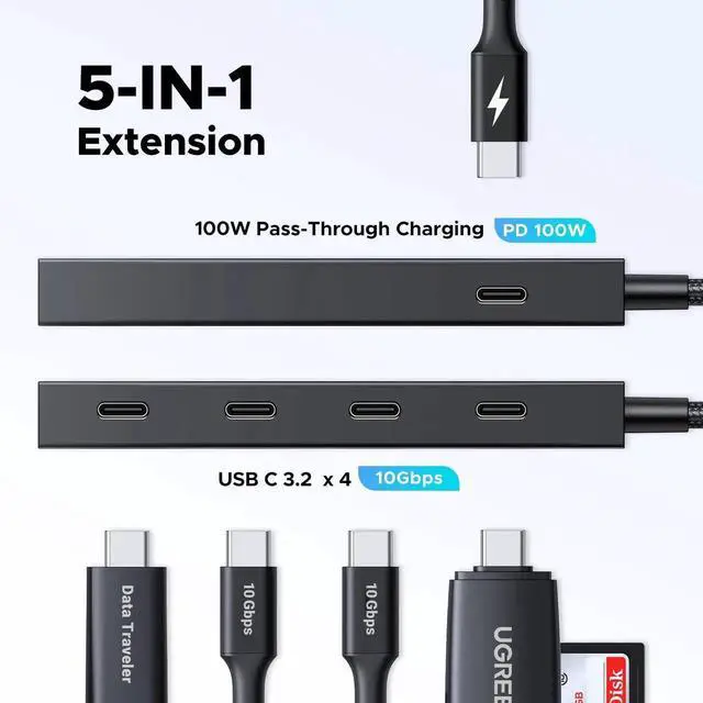 Alt view image 3 of 7 - UGREEN Powered 100W 10Gbps USBC Hub, 5in1 Adapter with 4 USBC & 100W PD Ports for MacBook Air/Pro, iPad Pro, iPhone, Surface, Laptops & More