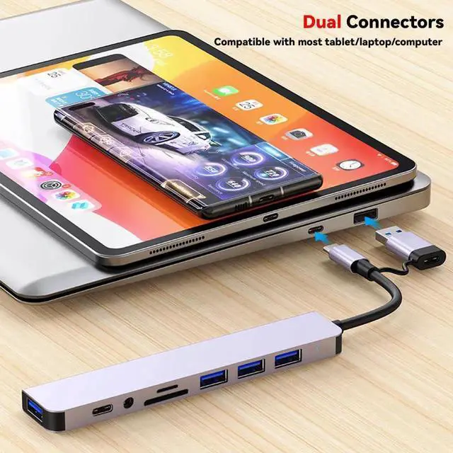 Alt view image 7 of 7 - 8in1 USBC Hub Splitter, 1to8 USB Extender with 4 USBA Ports, 1 USBC Jack, TF/SD Card Reader & 3.5mm Audio Port for MacBook Pro, iPad Pro, iPhone 15, Laptops, Galaxy Phones & More