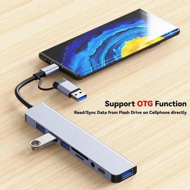 Alt view image 4 of 7 - 8in1 USBC Hub Splitter, 1to8 USB Extender with 4 USBA Ports, 1 USBC Jack, TF/SD Card Reader & 3.5mm Audio Port for MacBook Pro, iPad Pro, iPhone 15, Laptops, Galaxy Phones & More