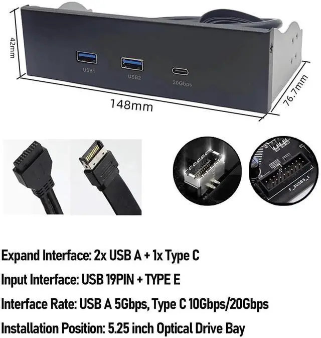 Alt view image 7 of 7 - 5.25 Inch Front Panel USB Hub, 3Port USB Floppy Bay Expansion, 19Pin USB3.2 Gen2 Internal Hub with 2 USBA & 20Gbps USBC Port for PC Case