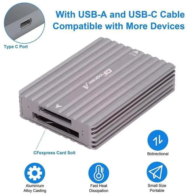 Alt view image 2 of 7 - USBC CFE Memory Card Adapter Hub, USB3.1 TypeC & USB3.0 TypeA to CFexpress TypeA & TypeB DualSlot Card Reader, Compatible with Canon R5, Nikon Z6/Z7 & More