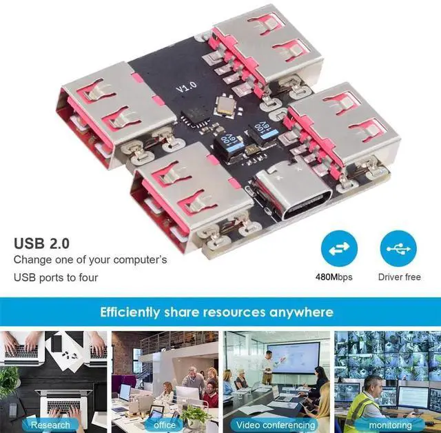 Alt view image 5 of 7 - USB 2.0 1to4 4Port Hub Splitter, PCBA Expansion Module Board, Multiport TypeC Hub for Keyboard, Mouse, Scanner, Printer & More PC Devices