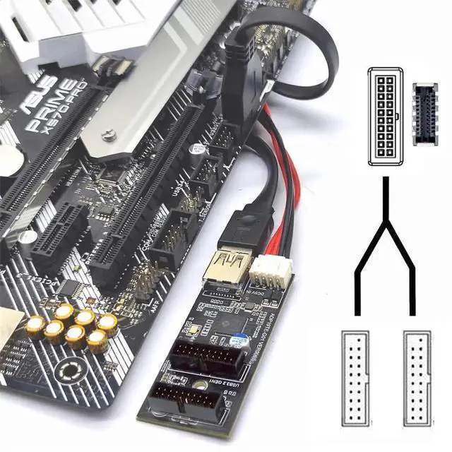 Alt view image 6 of 7 - DualPort USB 3.0 19/20Pin Female Header Splitter to TypeE or 19/20Pin, PCBA Adapter Splitter Hub, 5Gbps Internal PC Connector
