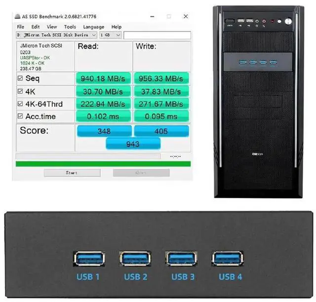 Alt view image 5 of 7 - 10Gbps 4Port Front Panel Hub, USB 3.1 TypeA & TypeC to Motherboard TypeE Connector Cable, for 5.25" CDROM Drive Bay Tray