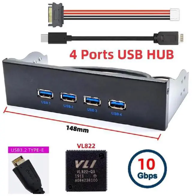 Alt view image 4 of 7 - 10Gbps 4Port Front Panel Hub, USB 3.1 TypeA & TypeC to Motherboard TypeE Connector Cable, for 5.25" CDROM Drive Bay Tray