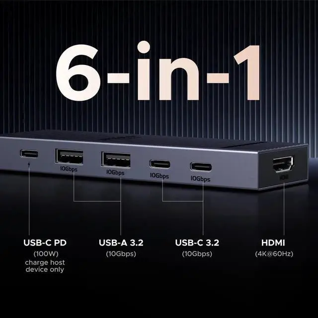 Alt view image 5 of 7 - UGREEN Revodok Pro 6in1 USBC Hub, 10Gbps Data Ports, 4K@60Hz HDMI Output, 100W Power Delivery Charging for MacBook Pro/Air, iPad Pro, ThinkPad, ROG Ally & More