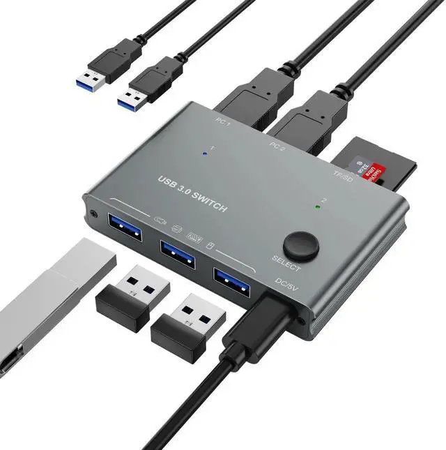 Main image of USB 3.0 Switch for 2 Computers, Share 3 USB 3.0 Devices with TF Card Reader Function, USB Selector Switcher for PC Laptop Keyboard Mouse Webcam USBMicrophone, Includes 2 USB AtoA Cables