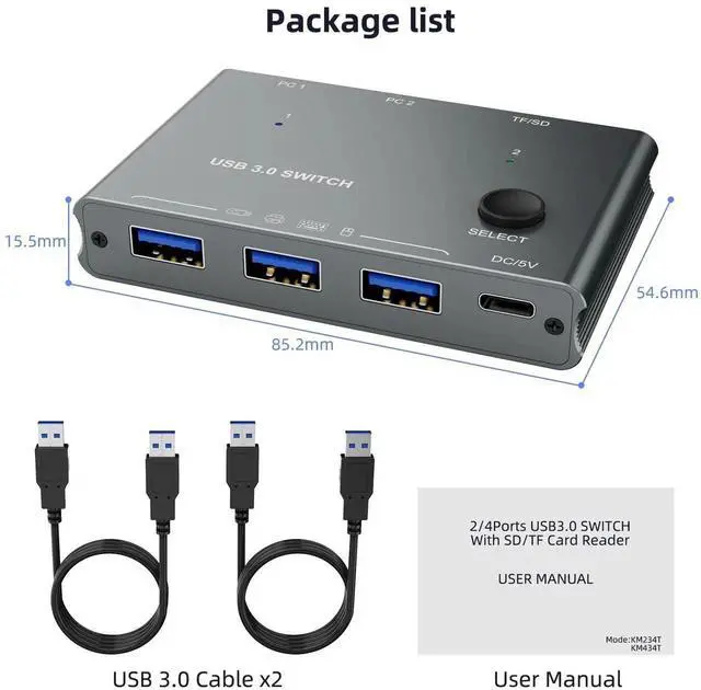 Alt view image 2 of 7 - USB 3.0 Switch for 2 Computers, Share 3 USB 3.0 Devices with TF Card Reader Function, USB Selector Switcher for PC Laptop Keyboard Mouse Webcam USBMicrophone, Includes 2 USB AtoA Cables